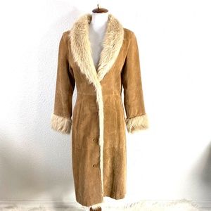 Wilsons Leather Maxima Penny Lane Leather Suede Faux Fur Trim Long Coat SZ S